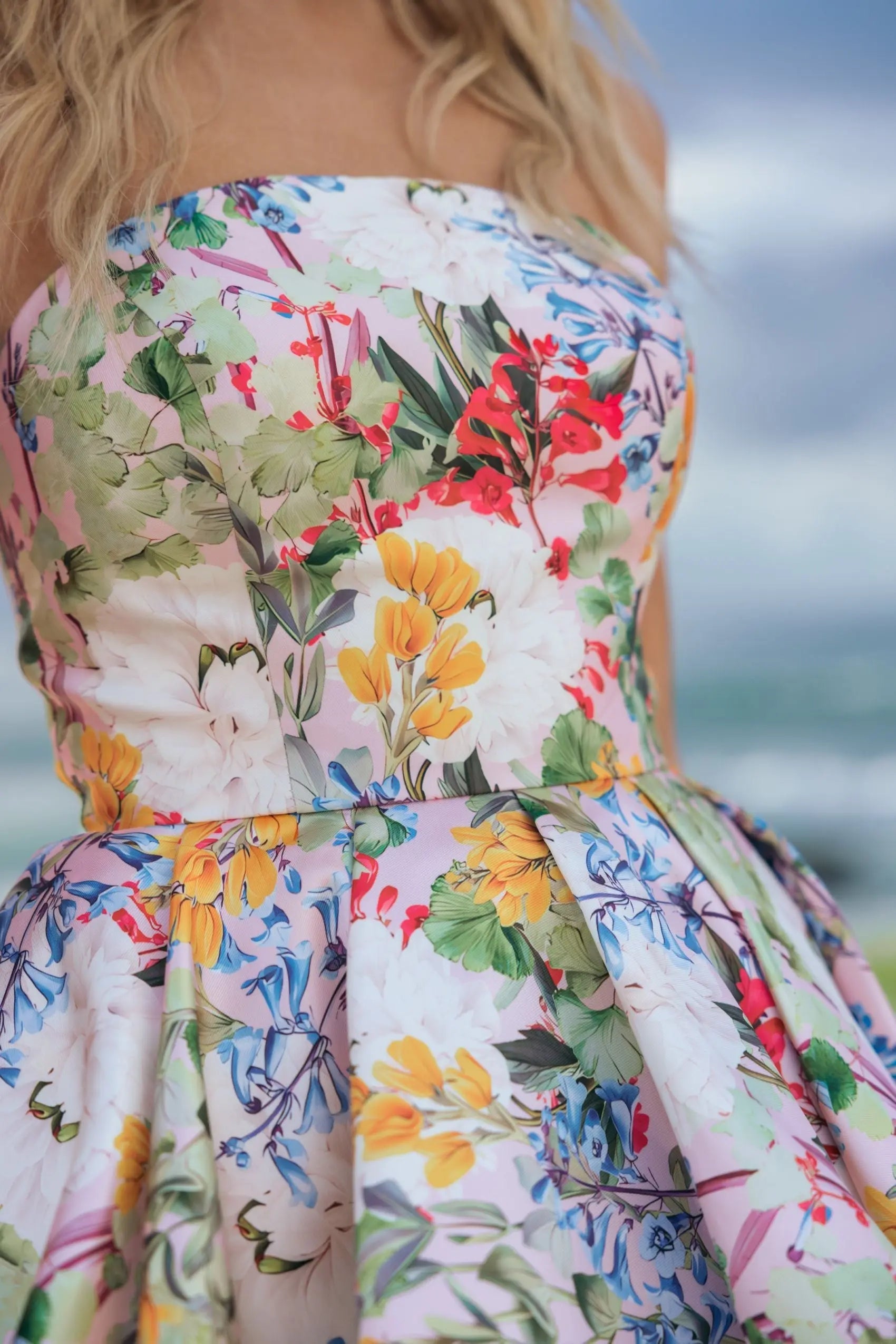 Multicolor Strapless Floral High Low Bubble Hem Gown