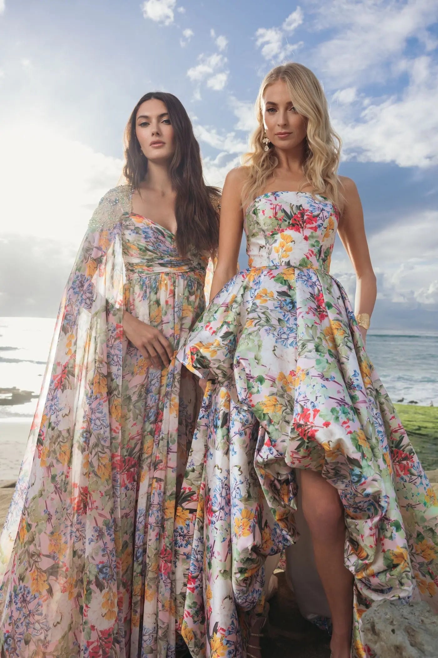 Multicolor Strapless Floral High Low Bubble Hem Gown
