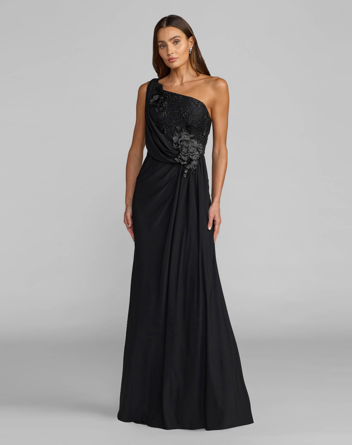 One Shoulder Draped Jersey Gown With 3D Flowers