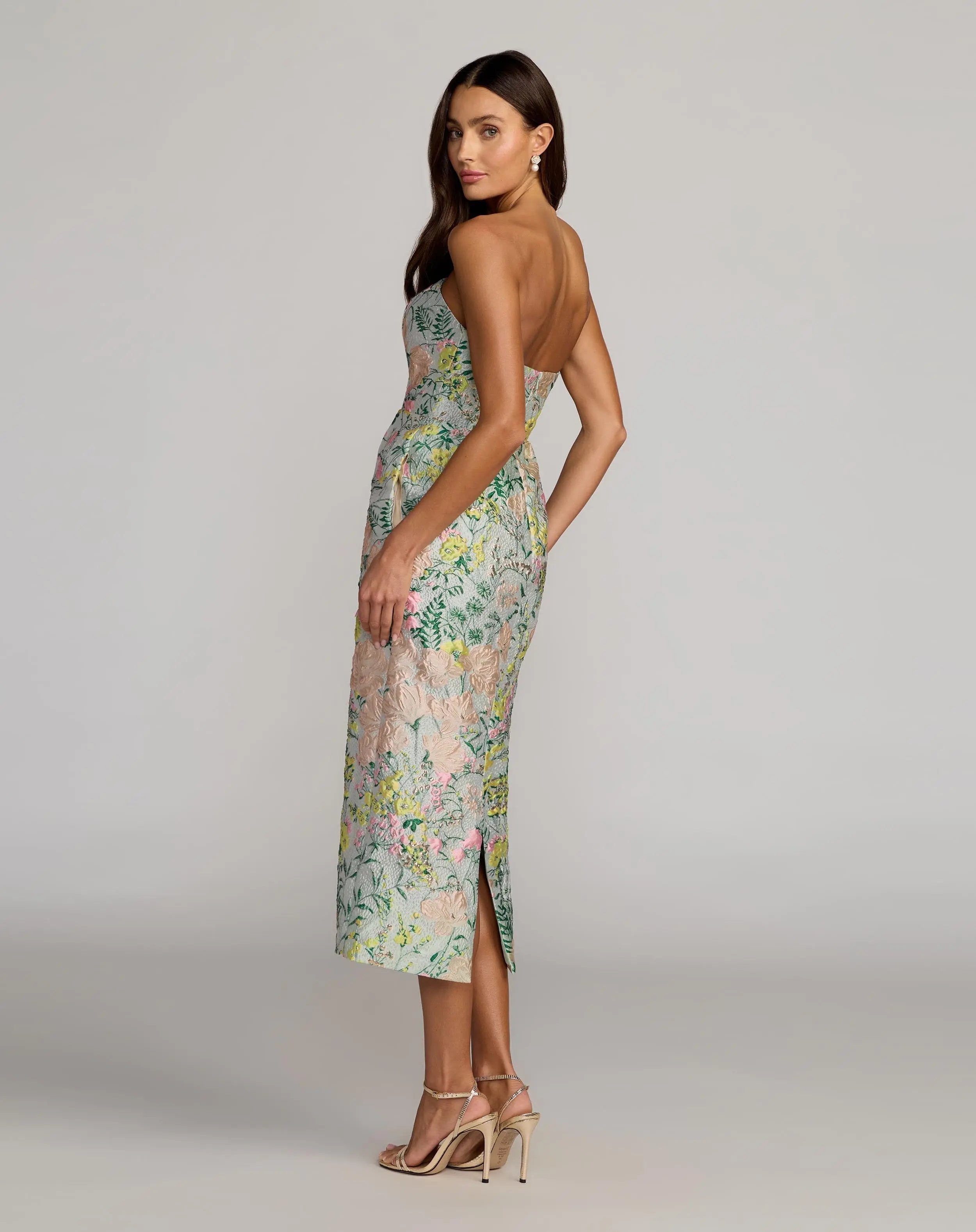 Multicolor Strapless Brocade Midi Dress With Pockets