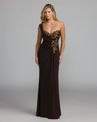 Brown One Shoulder Embellished Jersey Gown