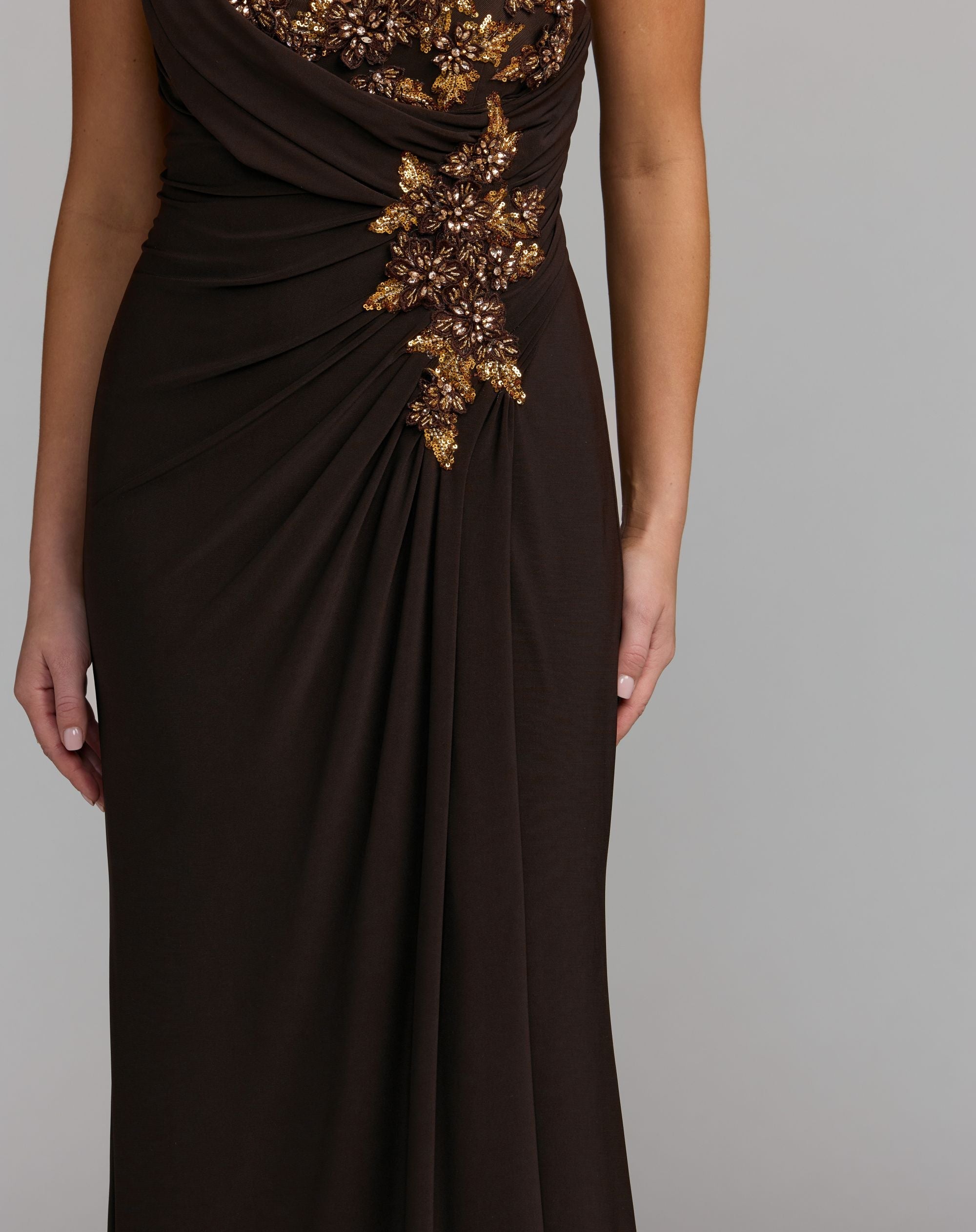 Brown One Shoulder Embellished Jersey Gown
