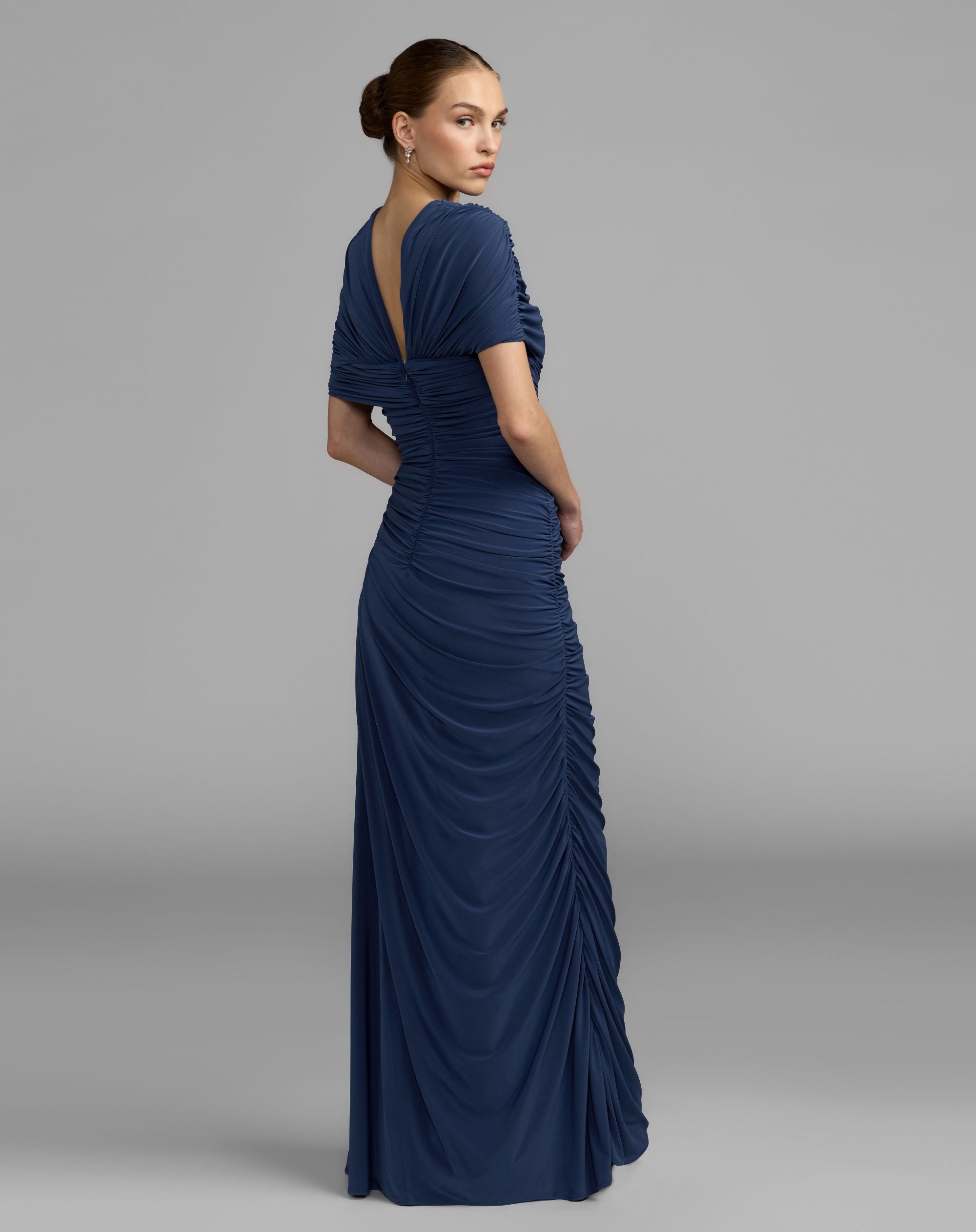 Navy Embellished Jersey Draped Column Gown