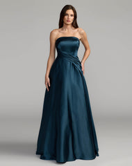 Navy Strapless Draped Satin Ball Gown