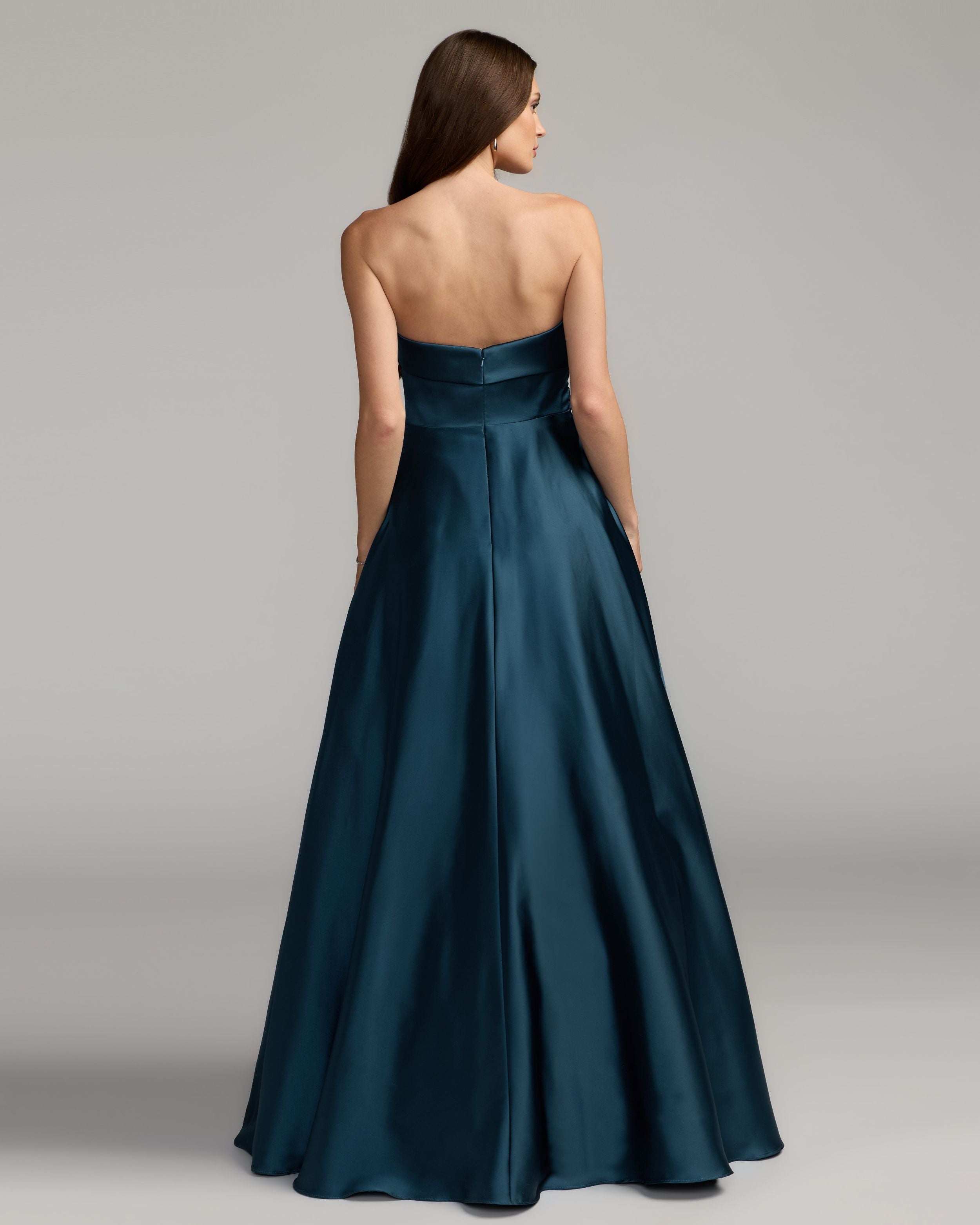 Navy Strapless Draped Satin Ball Gown