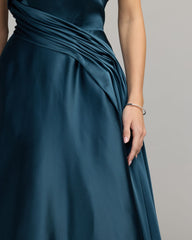 Navy Strapless Draped Satin Ball Gown