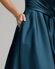Navy Strapless Draped Satin Ball Gown