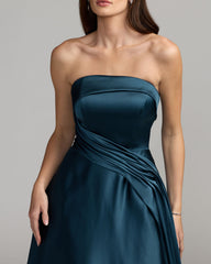 Navy Strapless Draped Satin Ball Gown