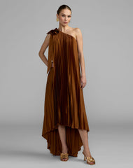 Brown Pleated One Shoulder High Low Trapeze Gown