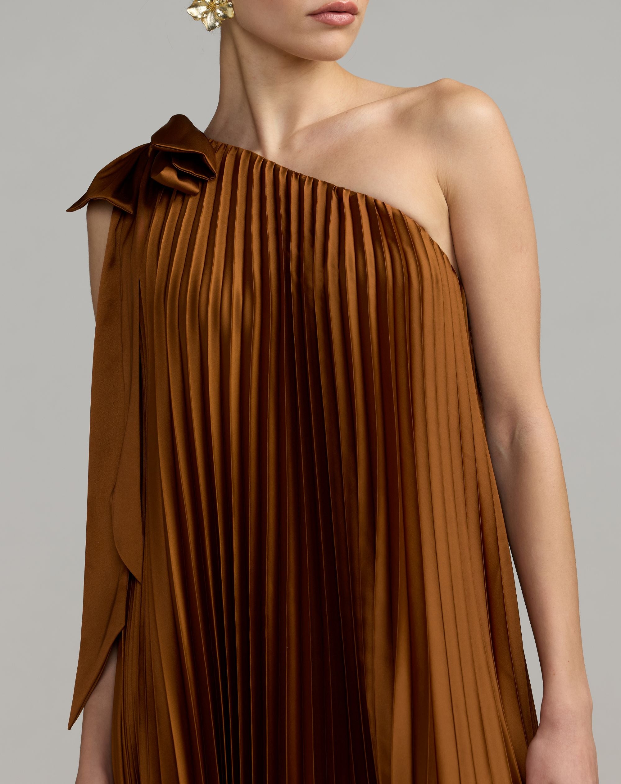 Brown Pleated One Shoulder High Low Trapeze Gown