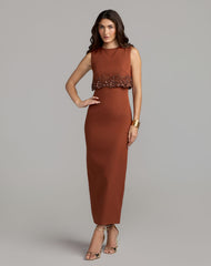 Nutmeg Floral Embellished Overlay Column Dress
