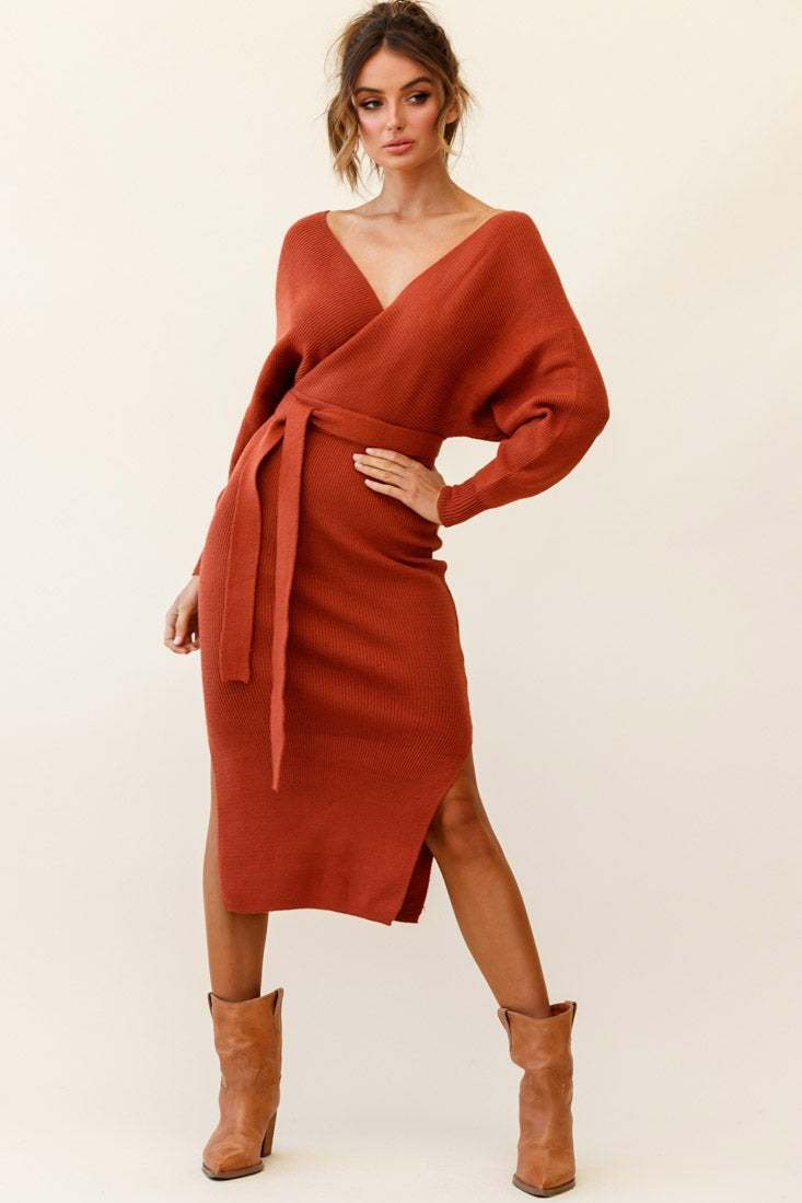 Cameo Batwing Knit Midi Dress Camel Main image