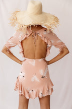 Lilo Surplice Neckline Cut-Out Back Dress Botanic Print Nude