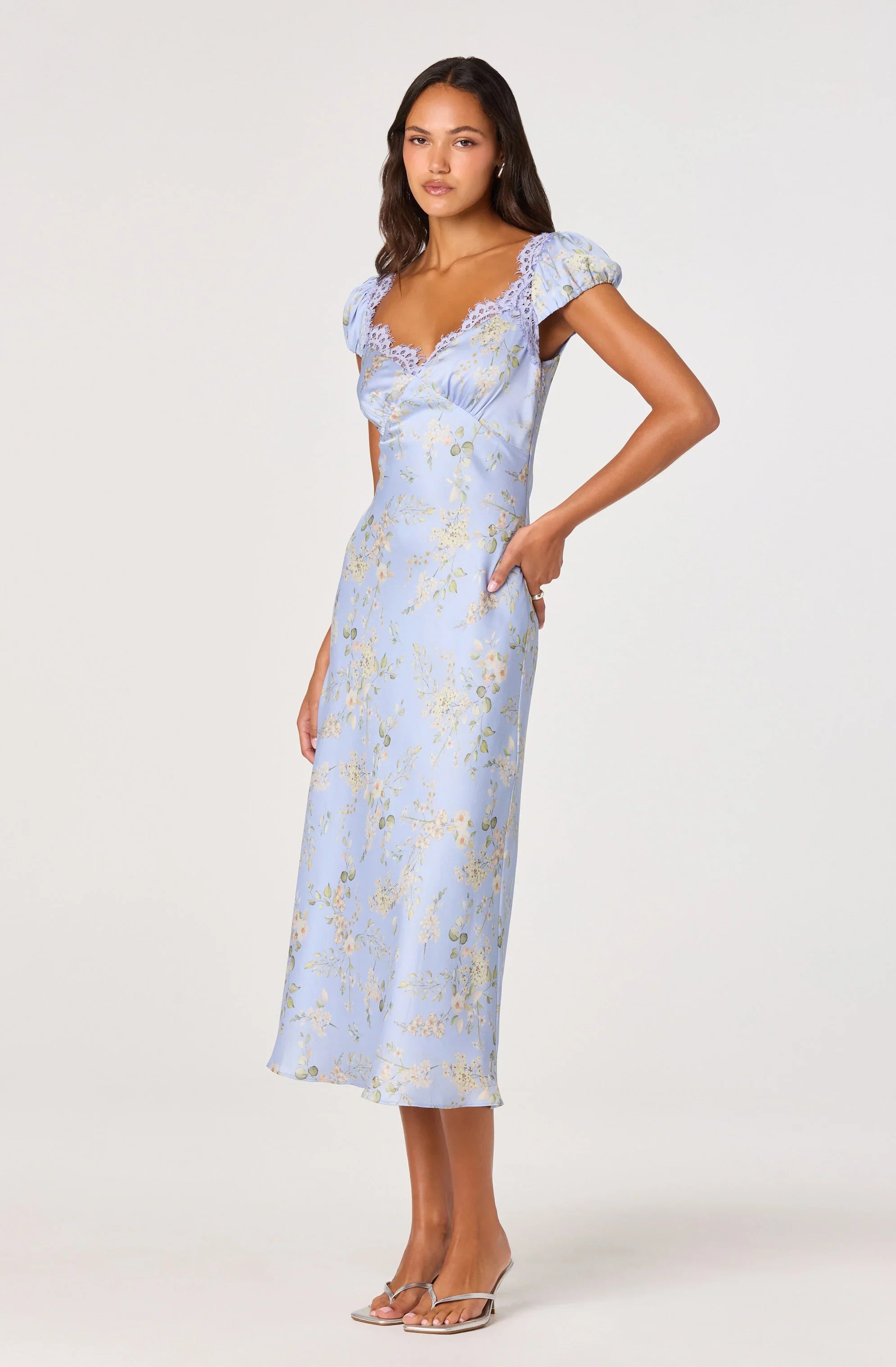 Inixyf Makaela Puff Sleeve Floral Satin Midi Dress