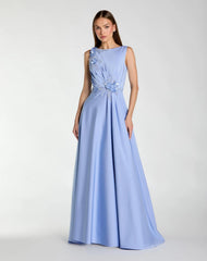 Blue Floral Applique Sleeveless A Line Gown