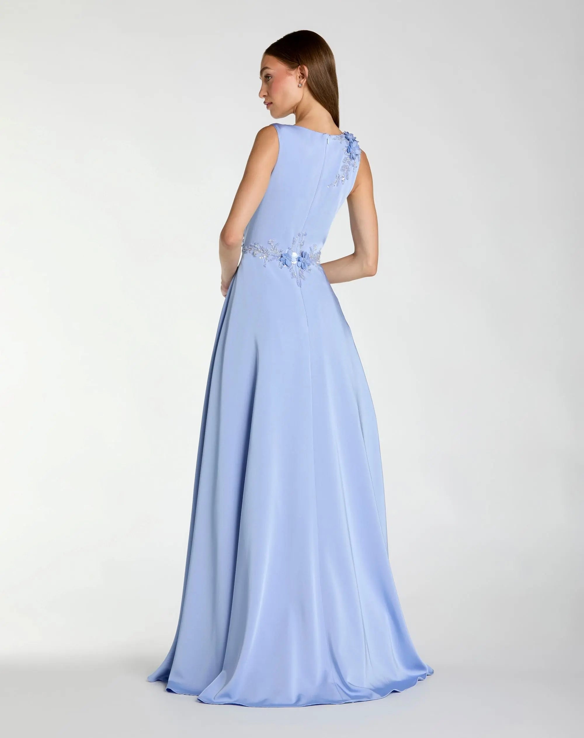 Blue Floral Applique Sleeveless A Line Gown