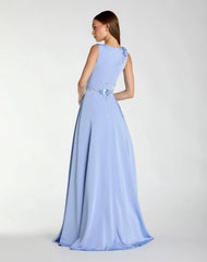 Blue Floral Applique Sleeveless A Line Gown