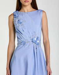 Blue Floral Applique Sleeveless A Line Gown