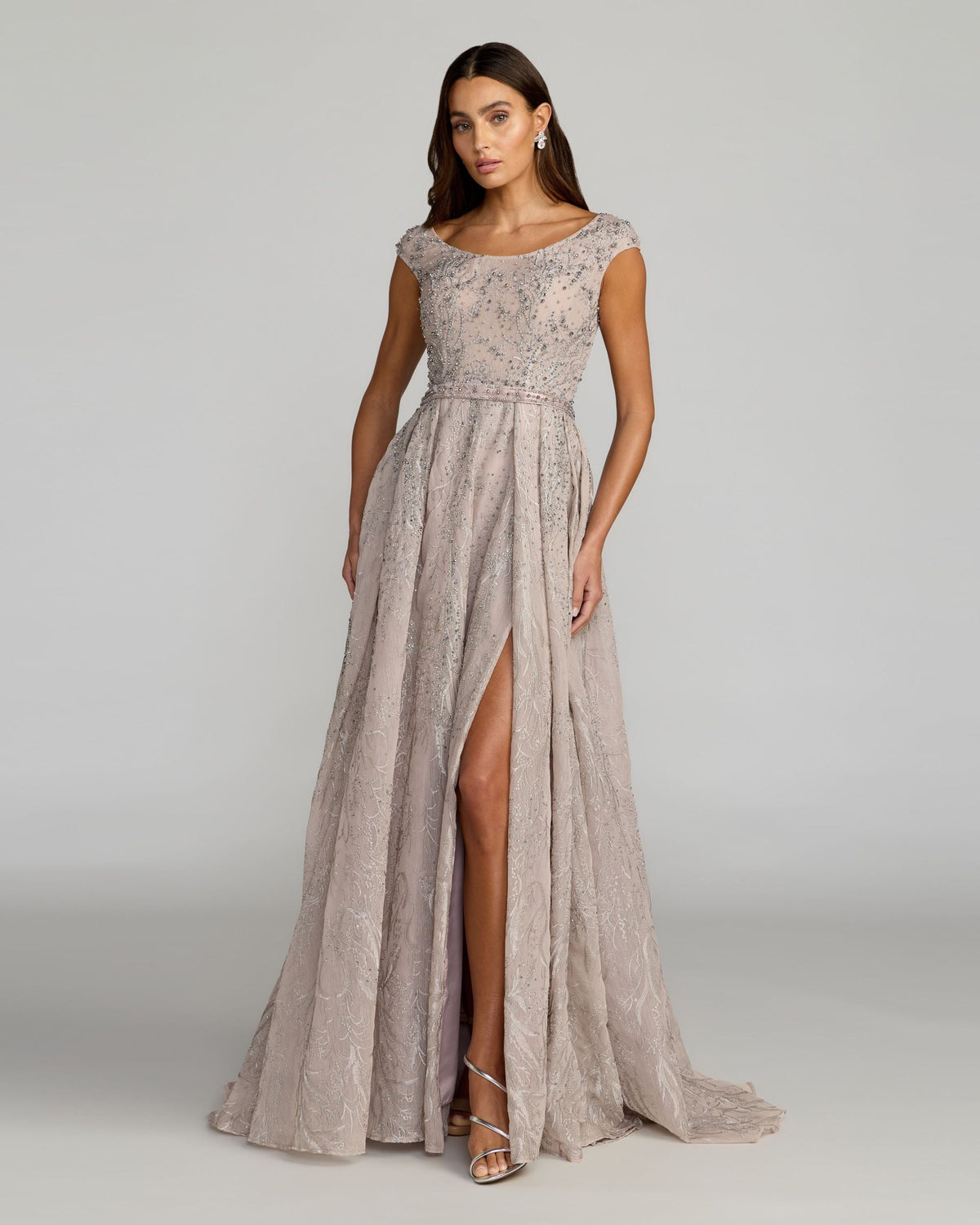 Taupe Beaded Cap Sleeve A-Line Gown With Slit
