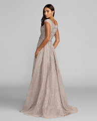 Taupe Beaded Cap Sleeve A-Line Gown With Slit