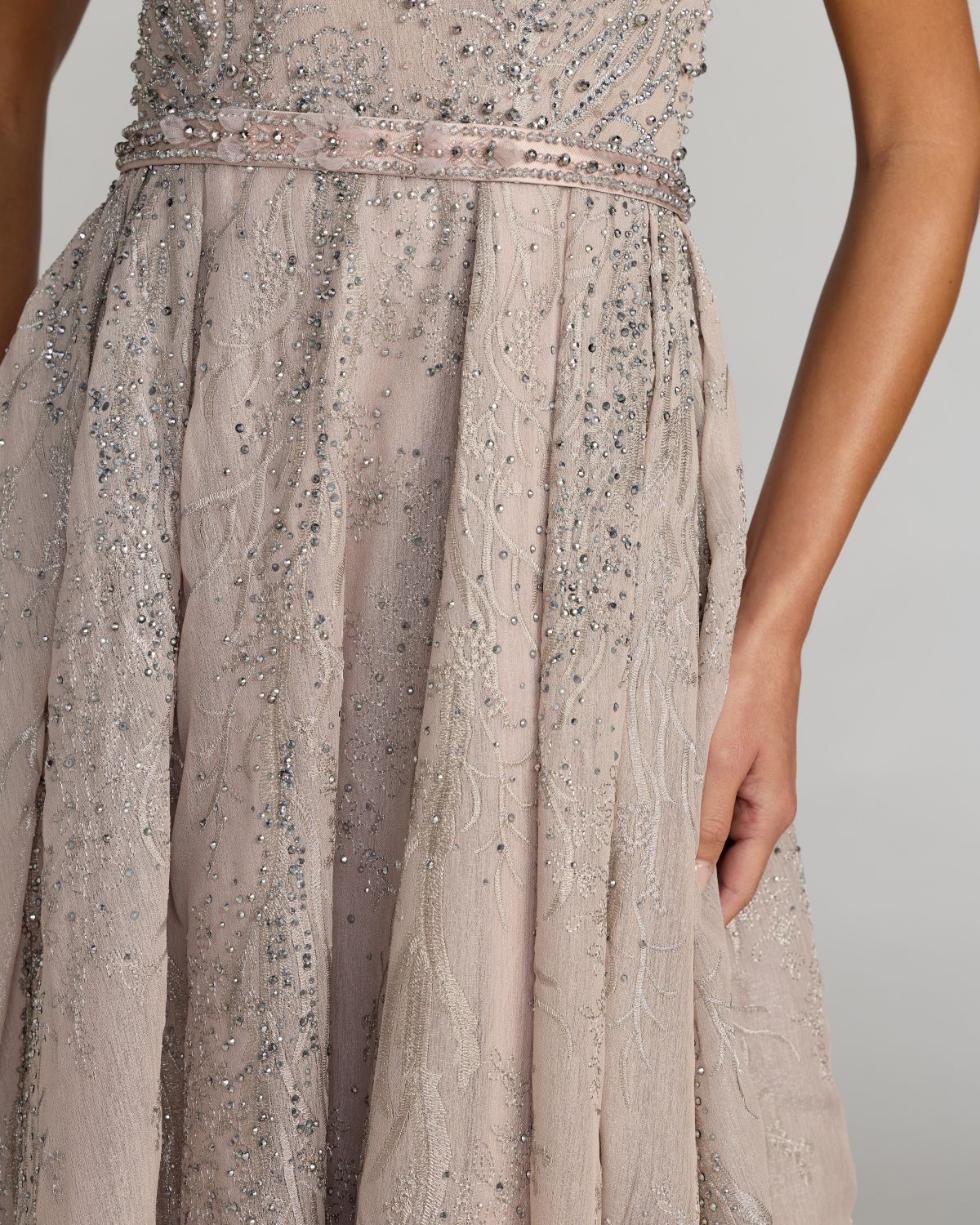 Taupe Beaded Cap Sleeve A-Line Gown With Slit