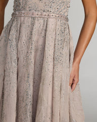 Taupe Beaded Cap Sleeve A-Line Gown With Slit