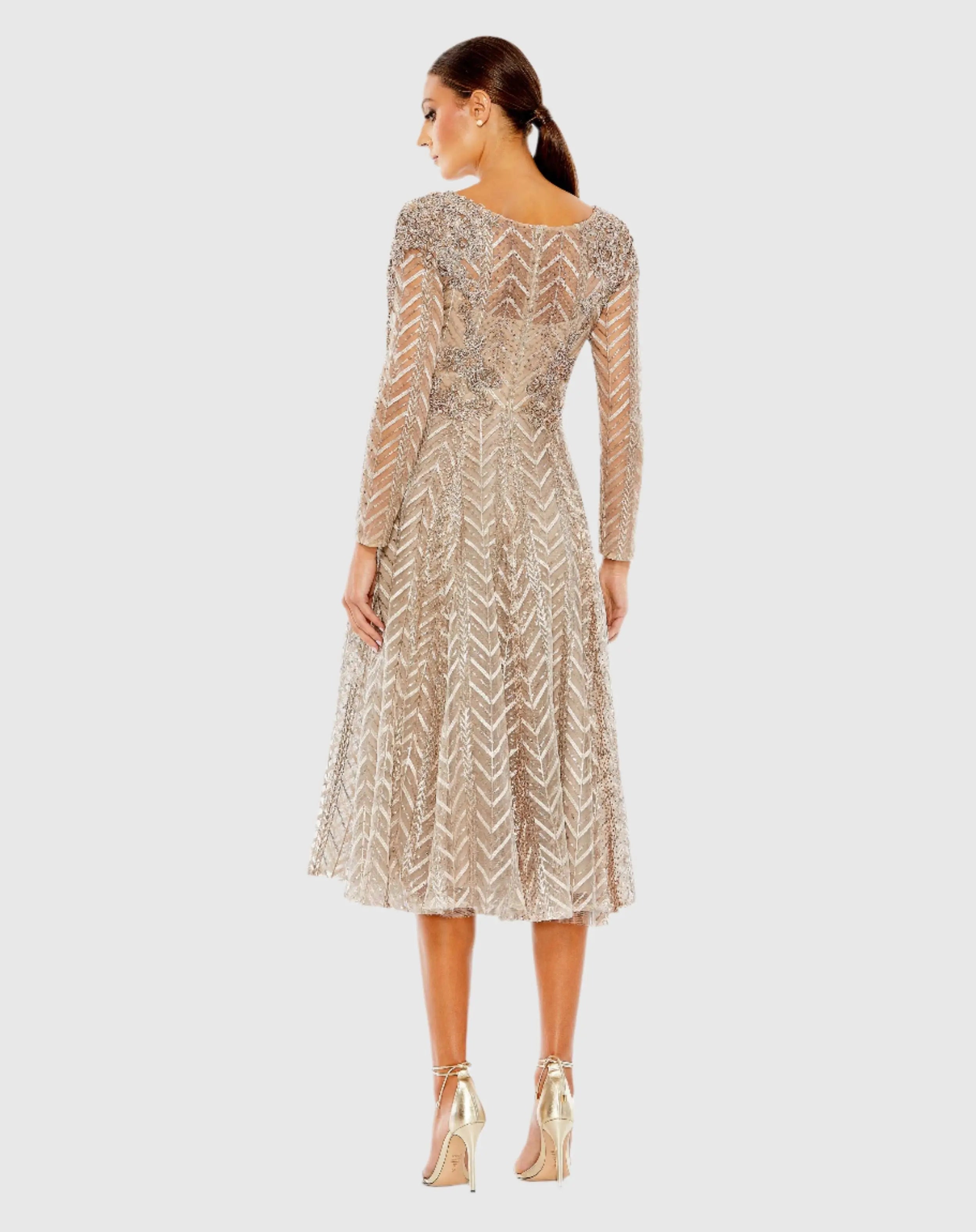 Taupe Sequin Embellished Long Sleeve Wrap Dress