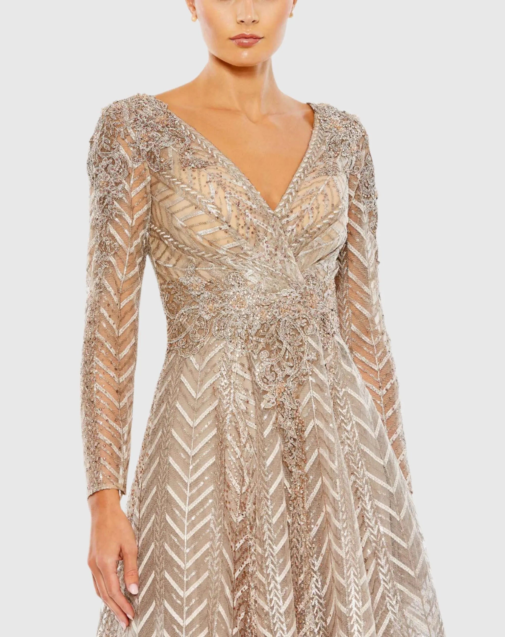 Taupe Sequin Embellished Long Sleeve Wrap Dress