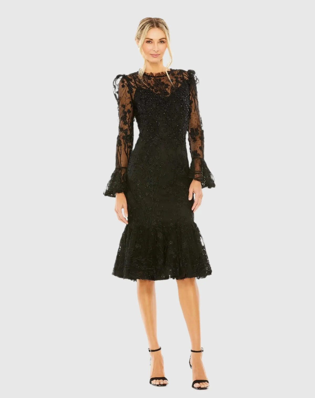 Black Long Sleeve Embroidered Midi Dress