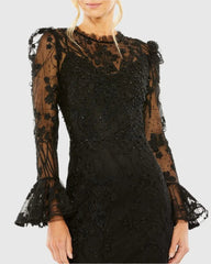 Black Long Sleeve Embroidered Midi Dress