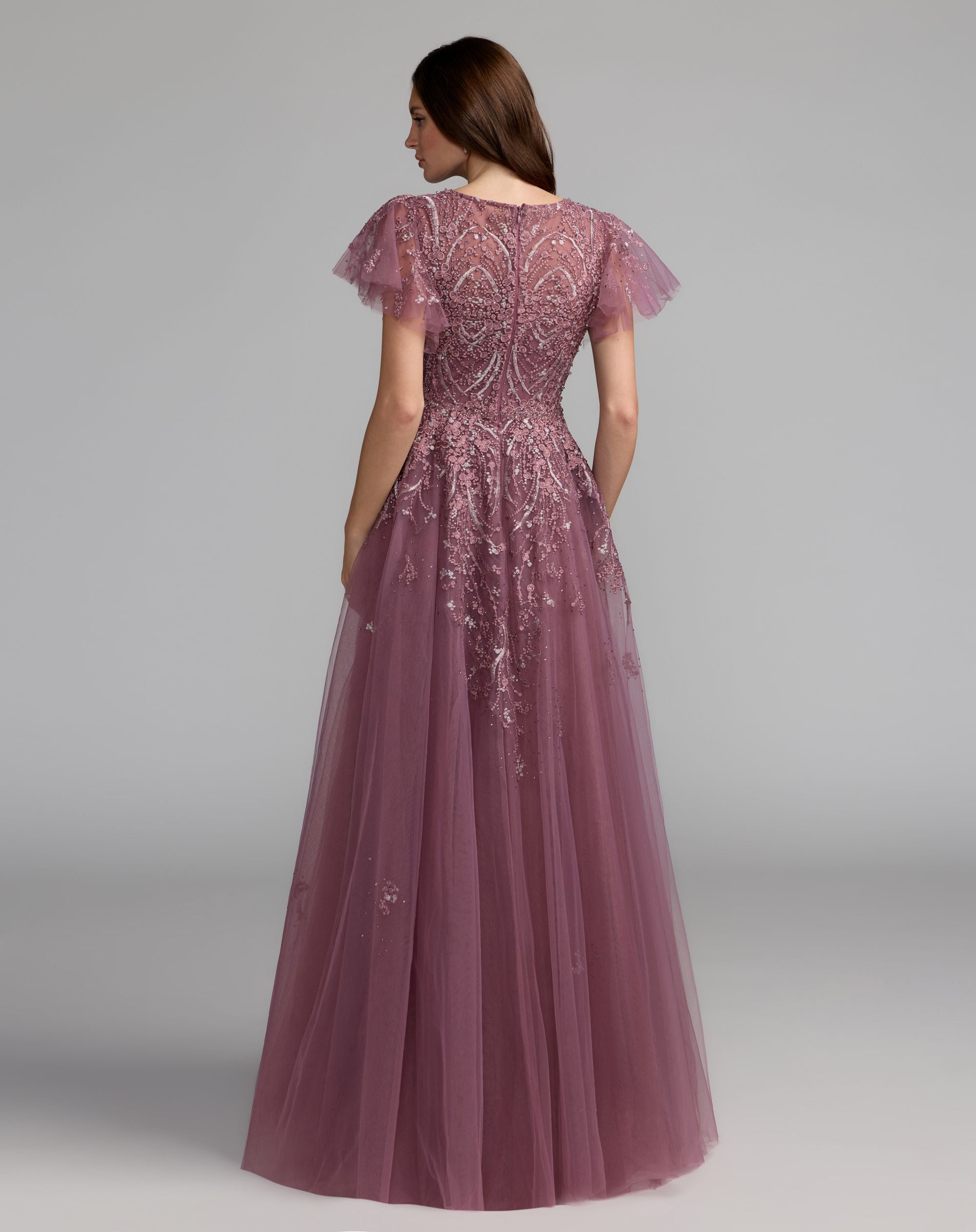 Purple Embroidered Tulle Flutter Sleeve Formal Gown