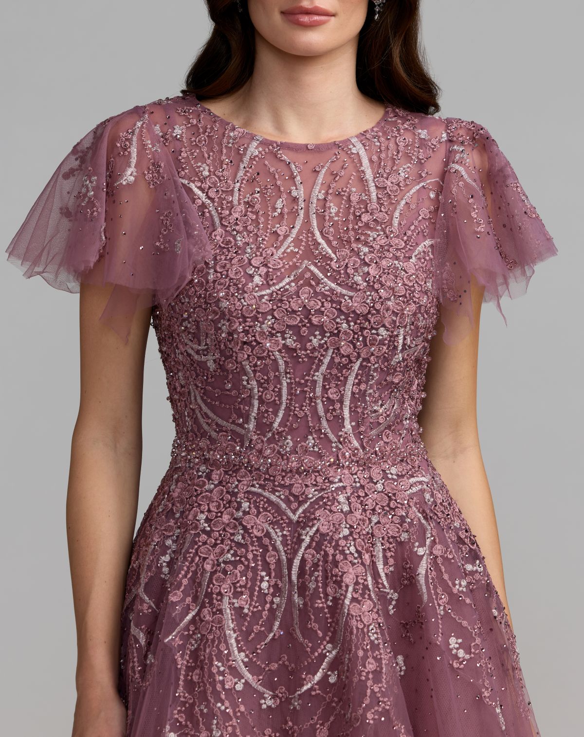Purple Embroidered Tulle Flutter Sleeve Formal Gown
