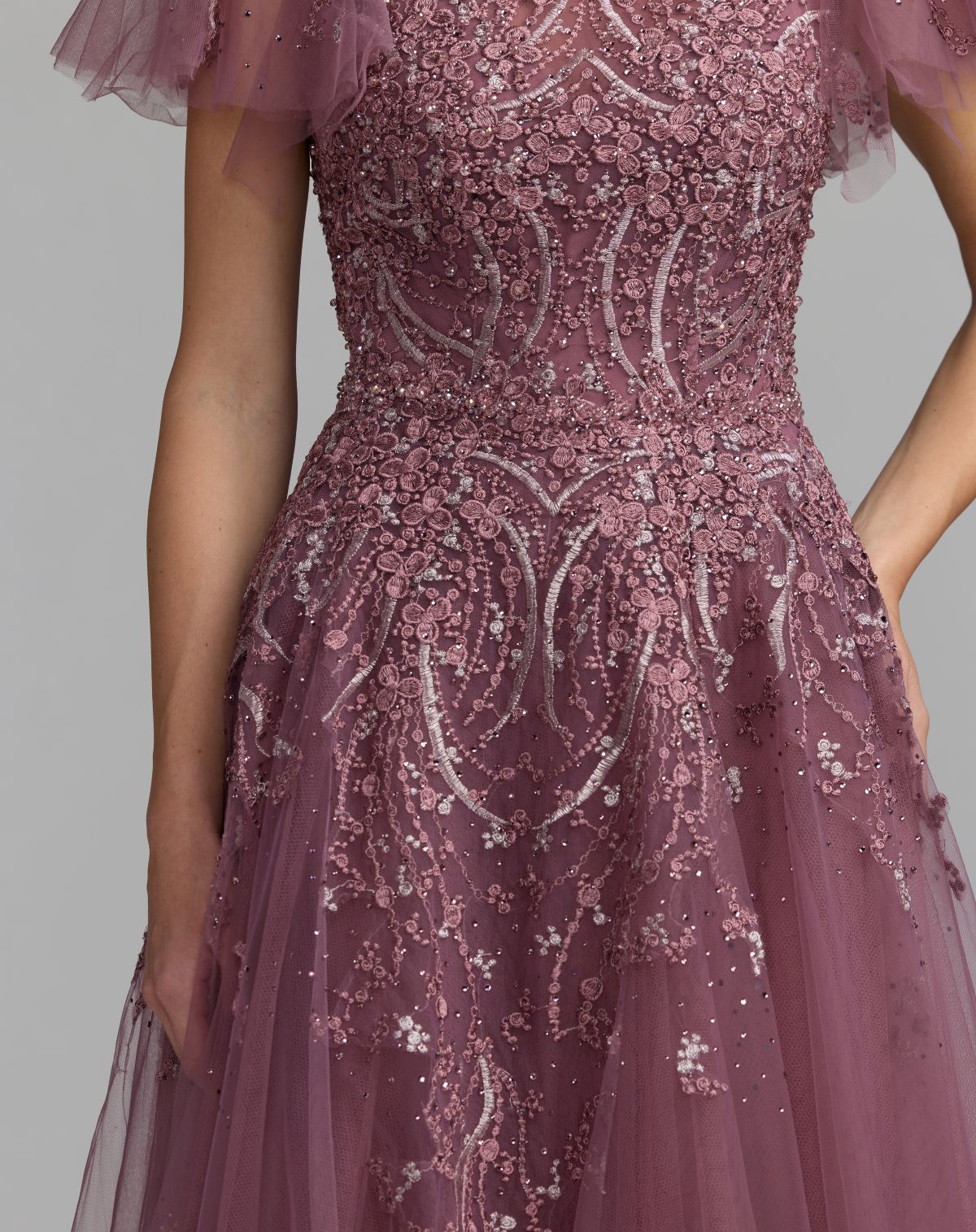 Purple Embroidered Tulle Flutter Sleeve Formal Gown