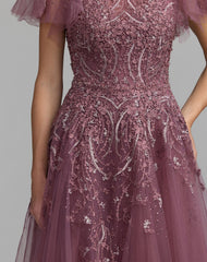 Purple Embroidered Tulle Flutter Sleeve Formal Gown