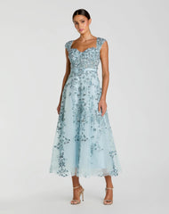 Floral Embroidered Sweetheart Neckline Midi Dress
