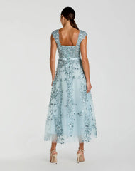 Blue Floral Embroidered Sweetheart Neckline Midi Dress