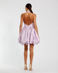 Purple Satin Bubble Hem Backless Mini Dress