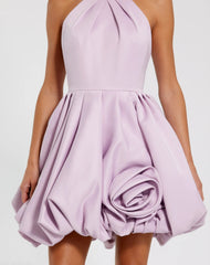 Purple Satin Bubble Hem Backless Mini Dress