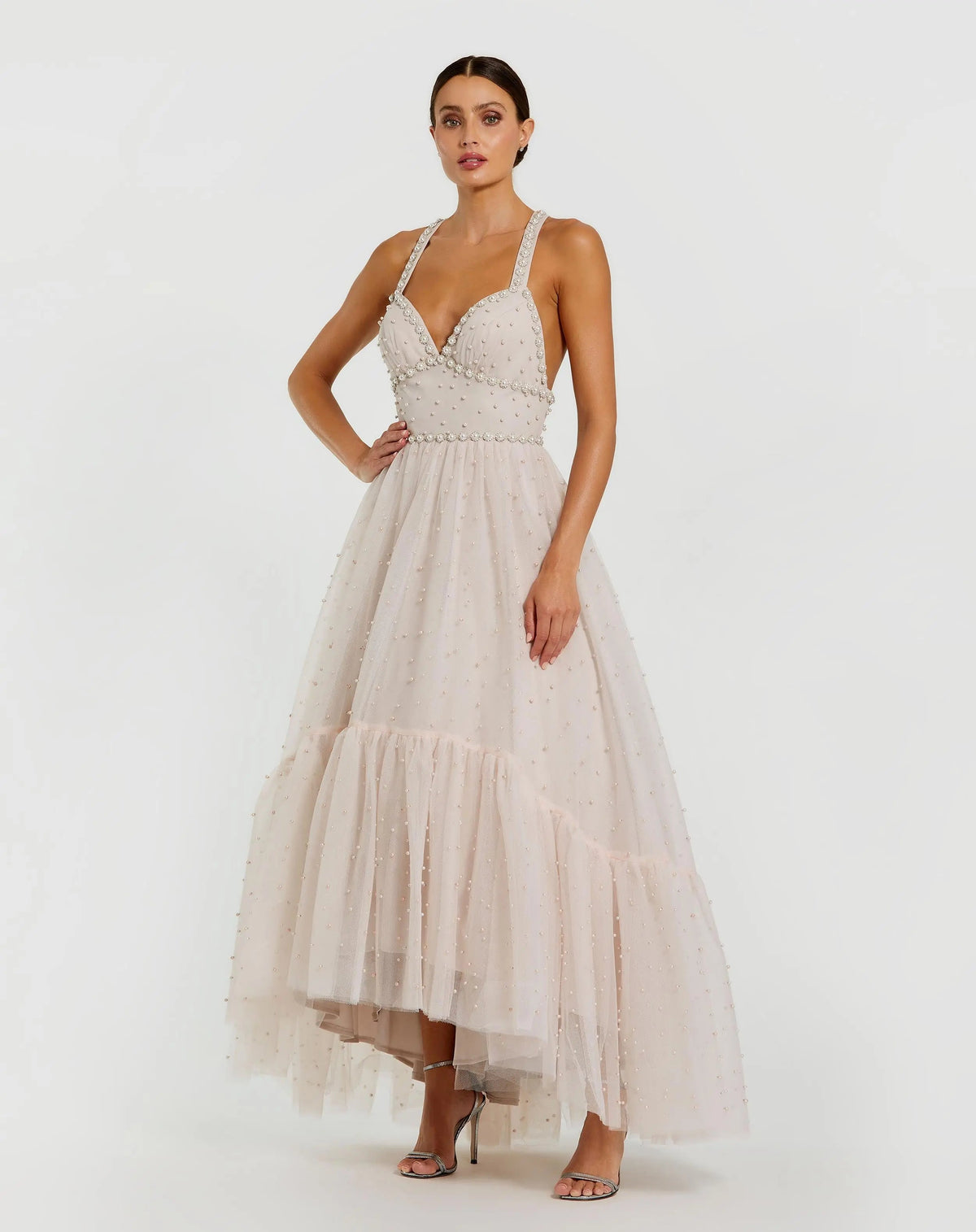 Pearl Beaded High Low Gown