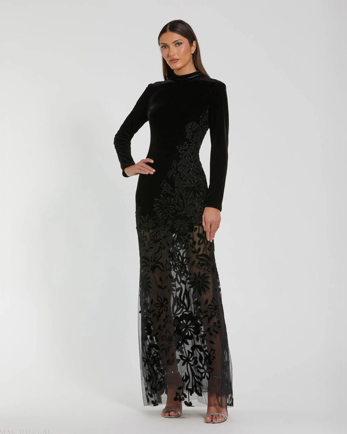 Black Long Sleeve Sheer Floral Embroidered Velvet Dress