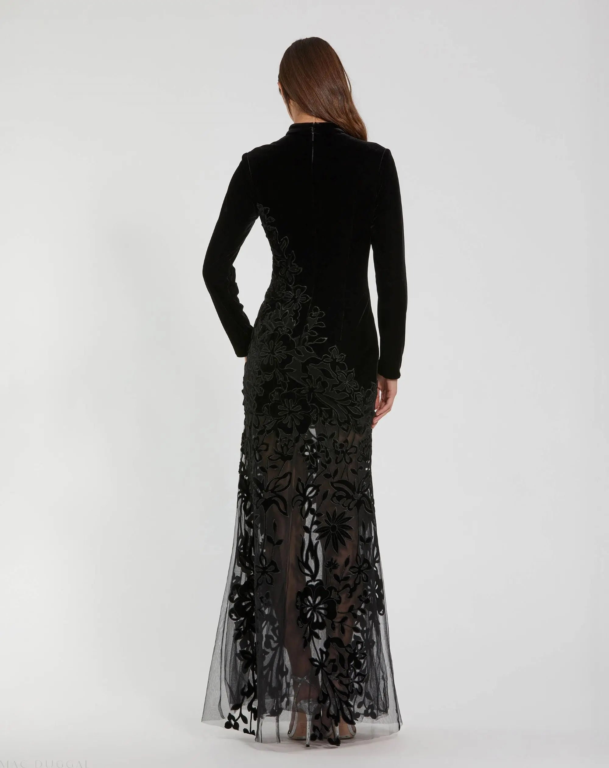 Black Long Sleeve Sheer Floral Embroidered Velvet Dress