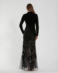 Black Long Sleeve Sheer Floral Embroidered Velvet Dress