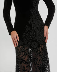 Black Long Sleeve Sheer Floral Embroidered Velvet Dress