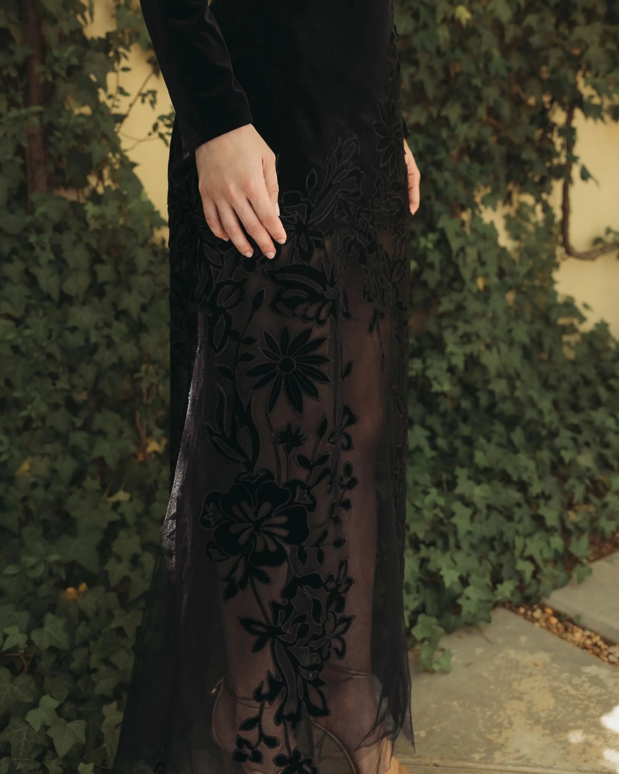 Black Long Sleeve Sheer Floral Embroidered Velvet Dress