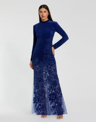 Long Sleeve Sheer Floral Embroidered Velvet Dress