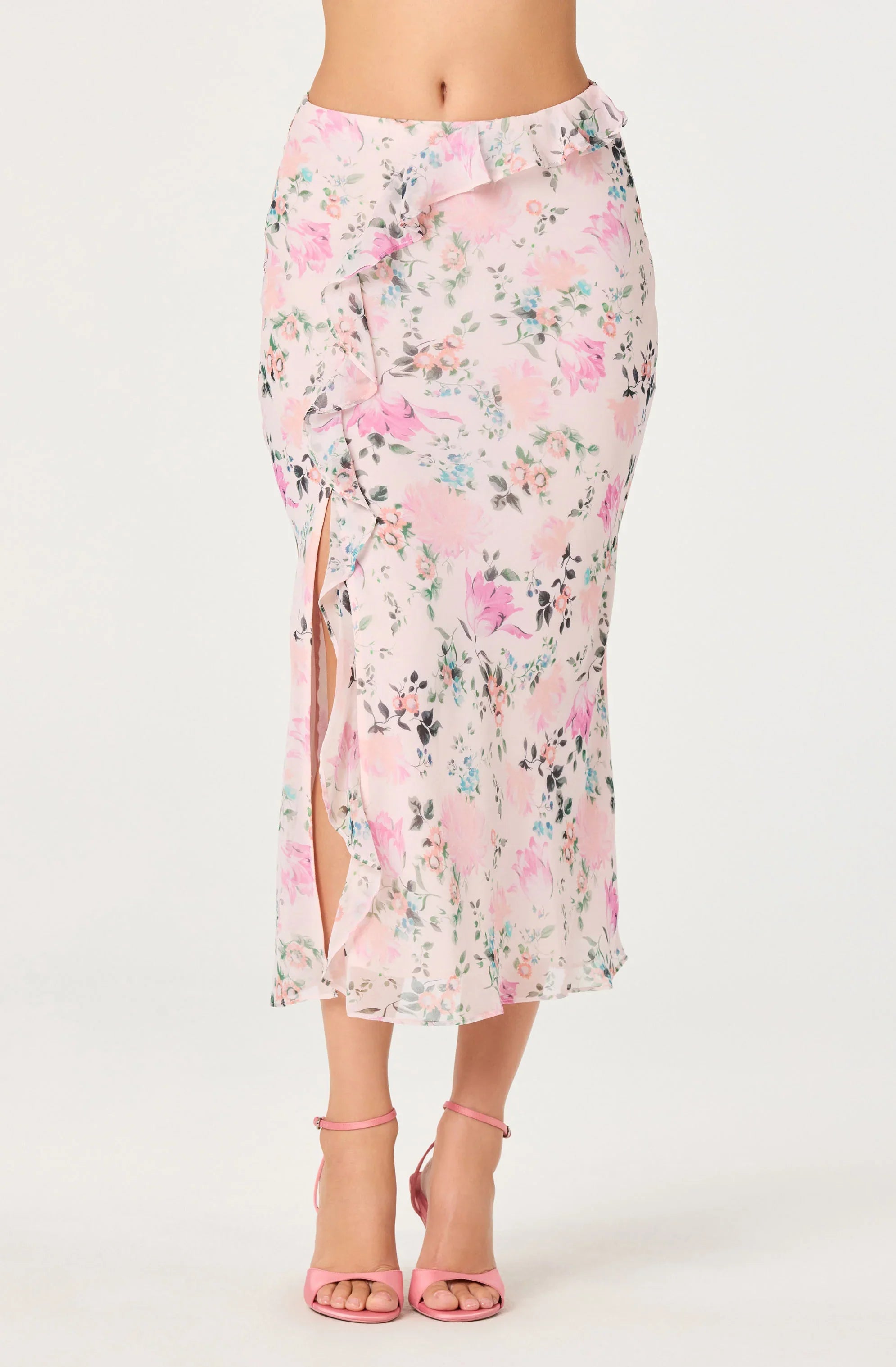 Inixyf Ananda Floral Bias-Cut Ruffle Midi Skirt