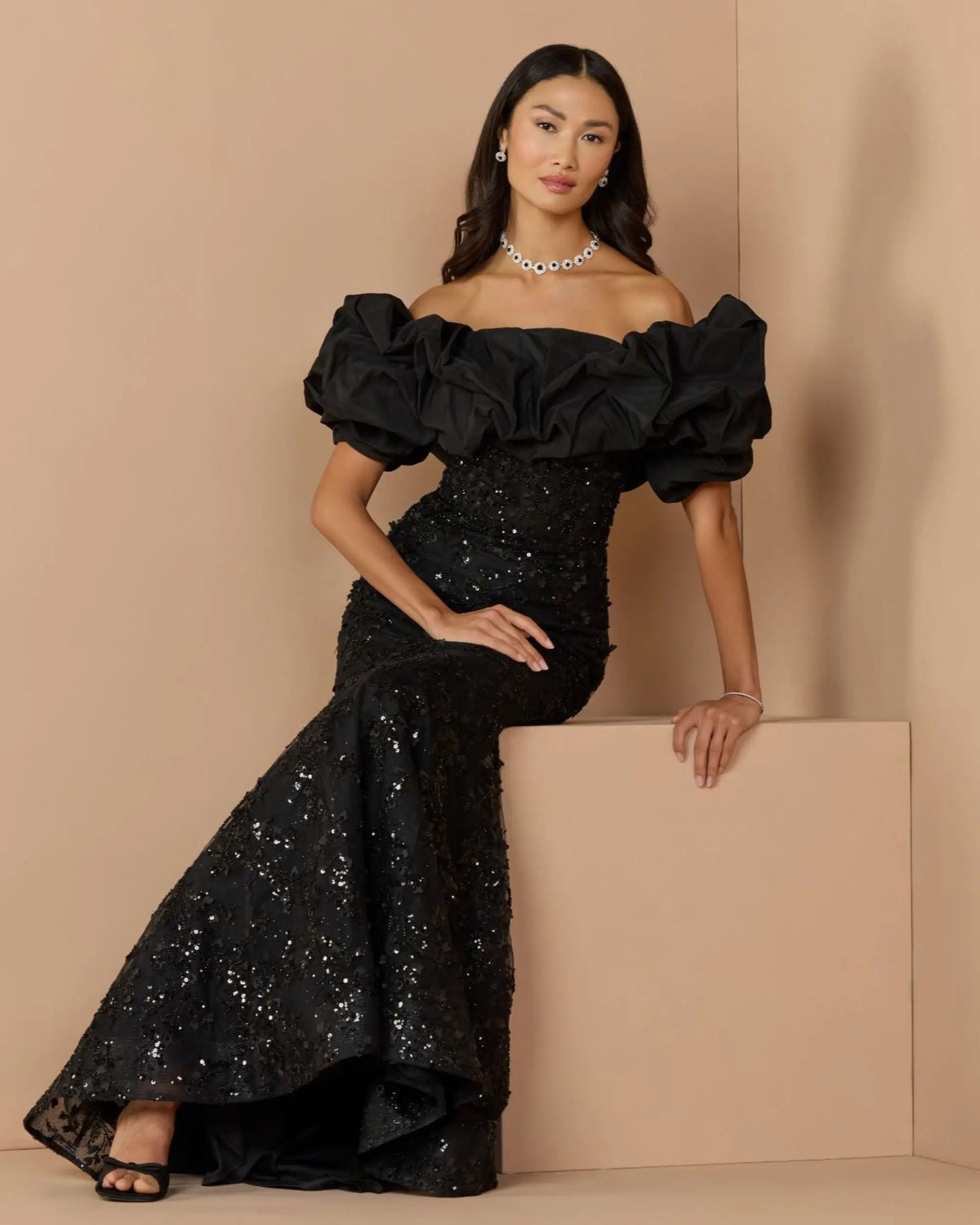 Beaded Mermaid Gown With Off The Shoulder Ruffle
