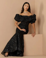 Beaded Mermaid Gown With Off The Shoulder Ruffle
