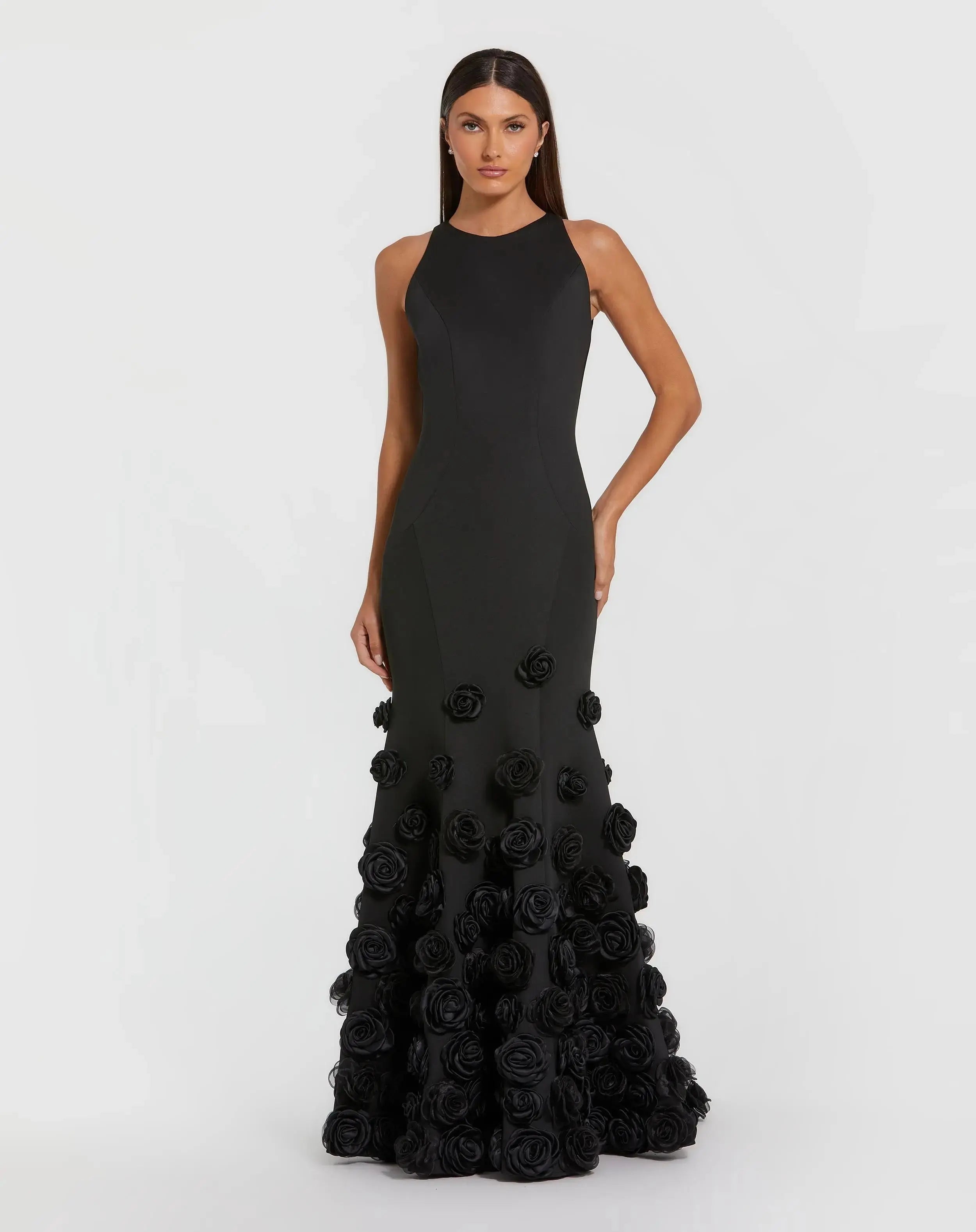 Black Sleeveless Mermaid Gown With 3D Floral Hem