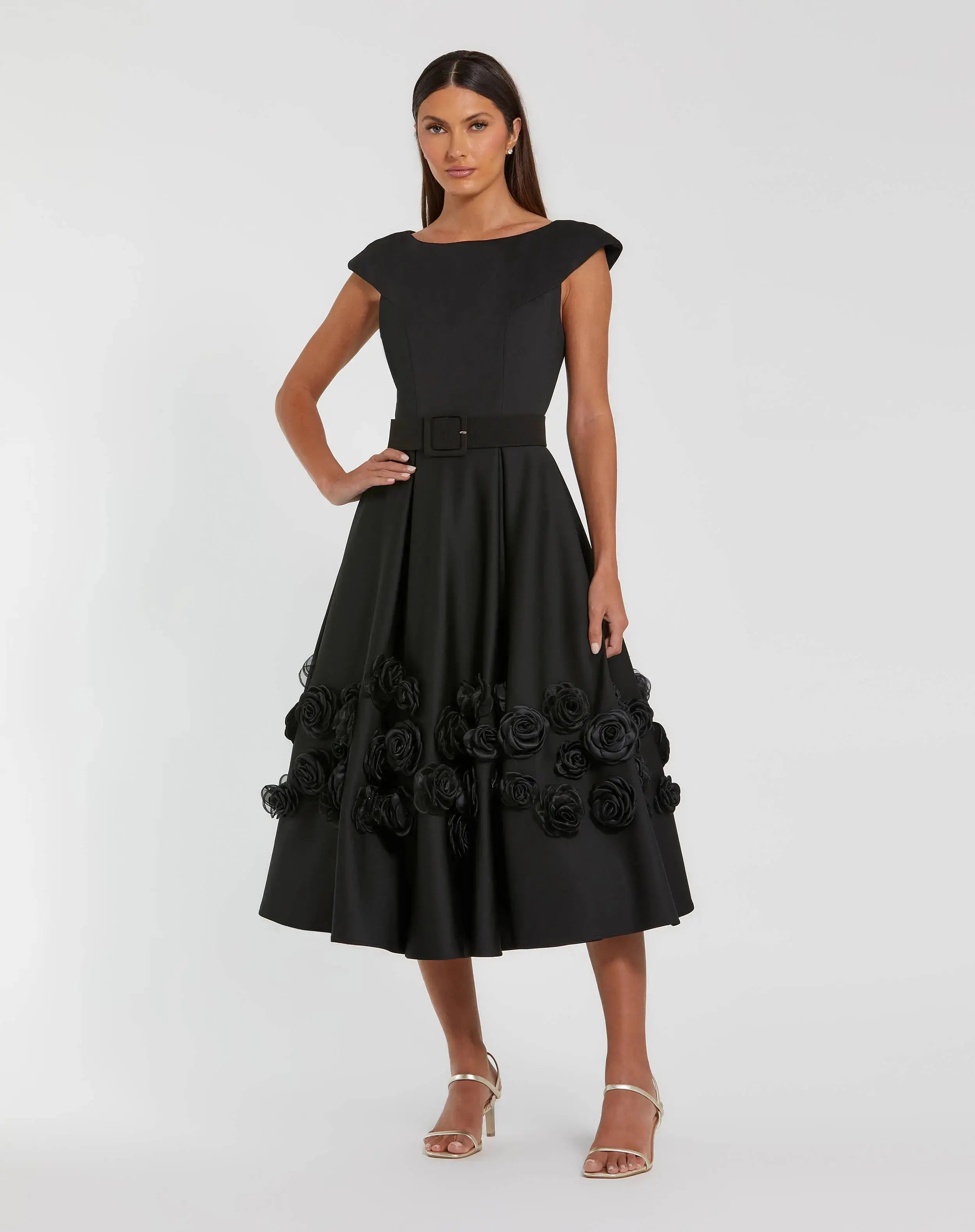 Black Satin Cap Sleeve Midi Dress With 3D Flowers